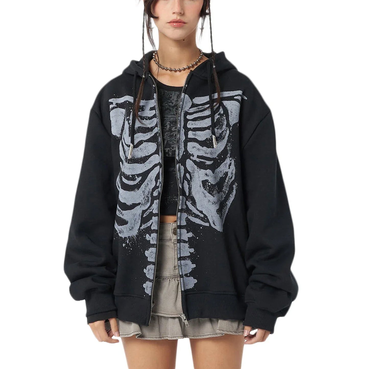 Black zip-up casual hooded coat with distressed gray sleeve skull print for spring autumn casual wear