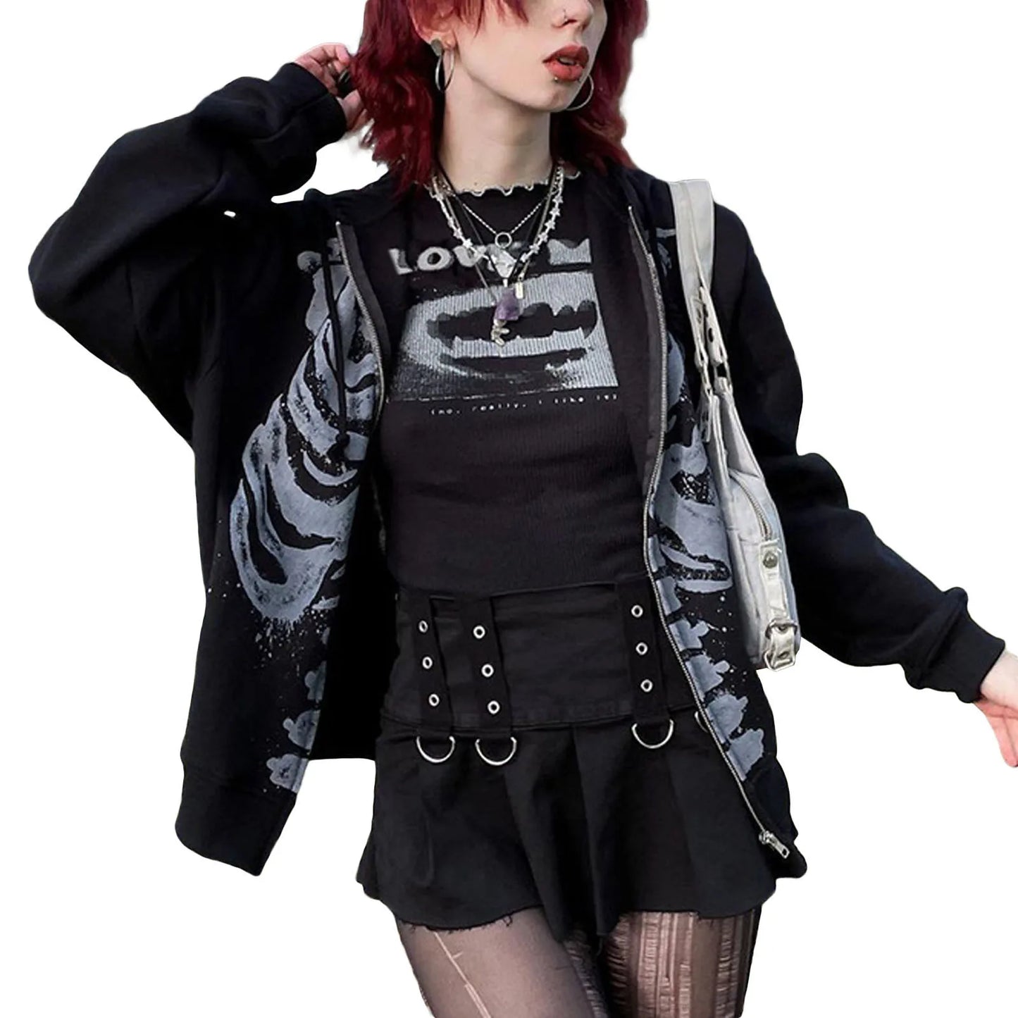 Black casual hooded coat with sleeve skull print and open front design for spring autumn casual wear
