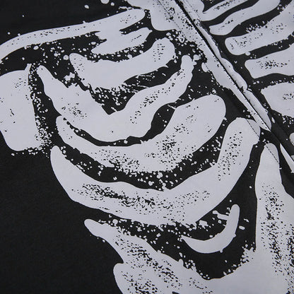 Black casual hooded coat with bold white distressed skeleton ribcage sleeve skull print for spring autumn casual wear