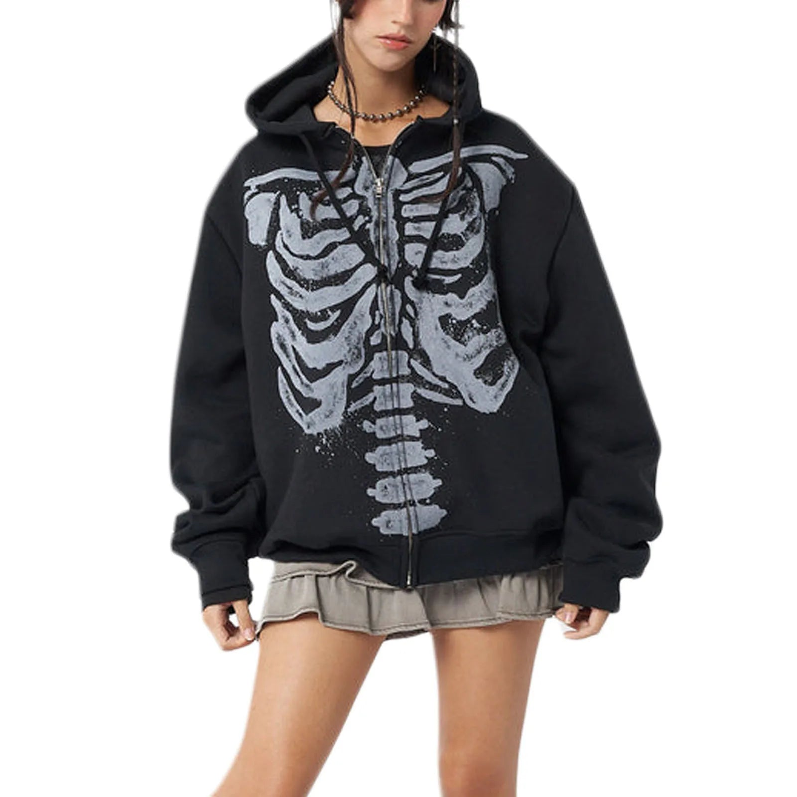 Black zip-up casual hooded coat featuring a distressed gray sleeve skull print for spring autumn casual wear