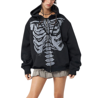 Black zip-up casual hooded coat featuring a distressed gray sleeve skull print for spring autumn casual wear