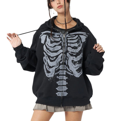 Black zip-up casual hooded coat with distressed gray sleeve skull print for spring autumn casual wear
