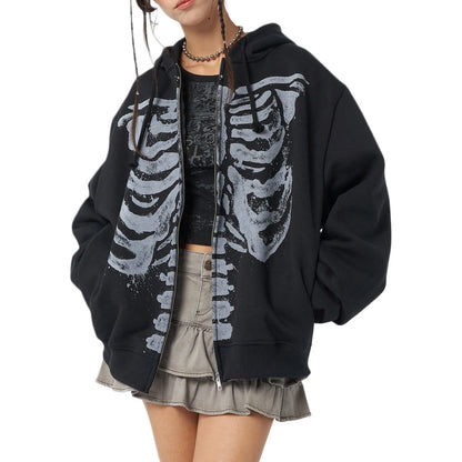 Black zip-up casual hooded coat with distressed gray sleeve skull print for spring autumn casual wear
