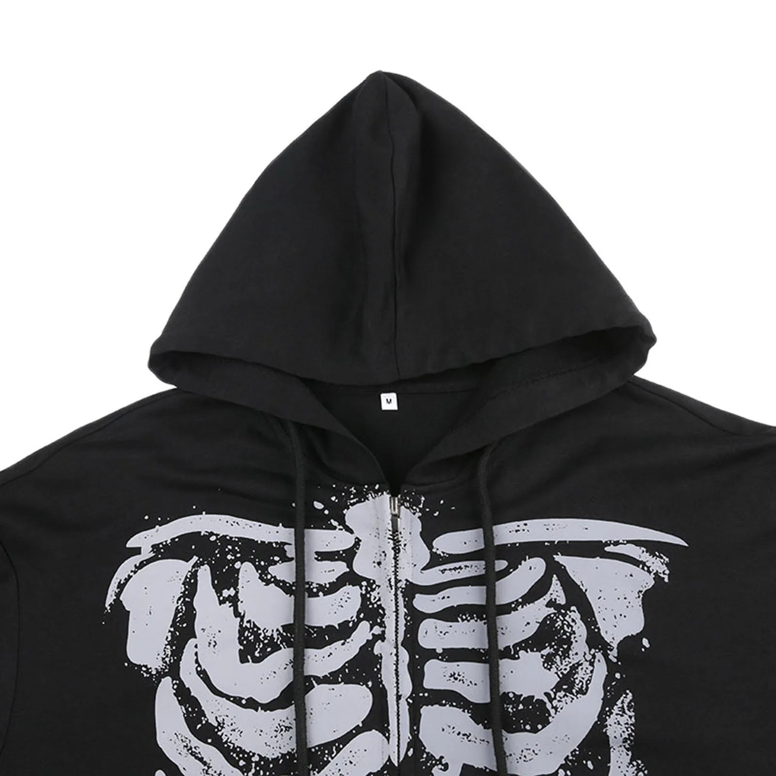 Black zip-up casual hooded coat with distressed white skeleton ribcage sleeve skull print for spring autumn casual wear