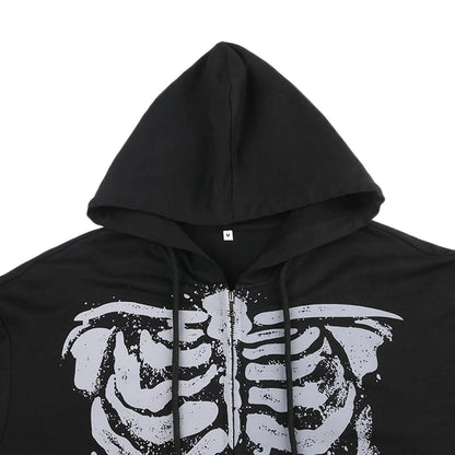 Black zip-up casual hooded coat with distressed white skeleton ribcage sleeve skull print for spring autumn casual wear