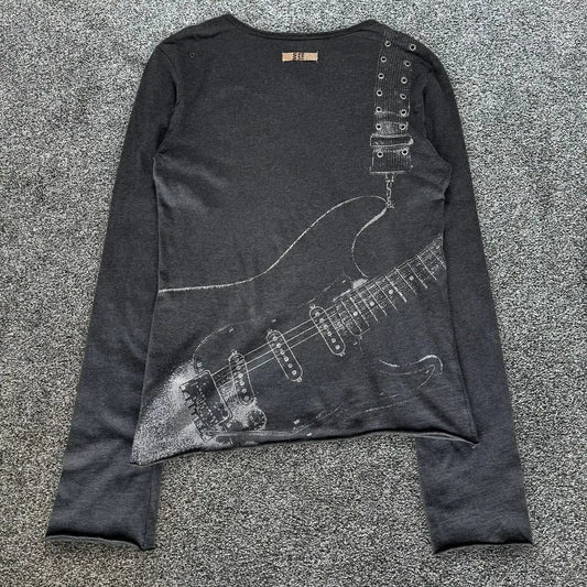 Dark gray long-sleeved shirt with y2k guitar printed white graphic and casual rivet elements tops harajuku men style