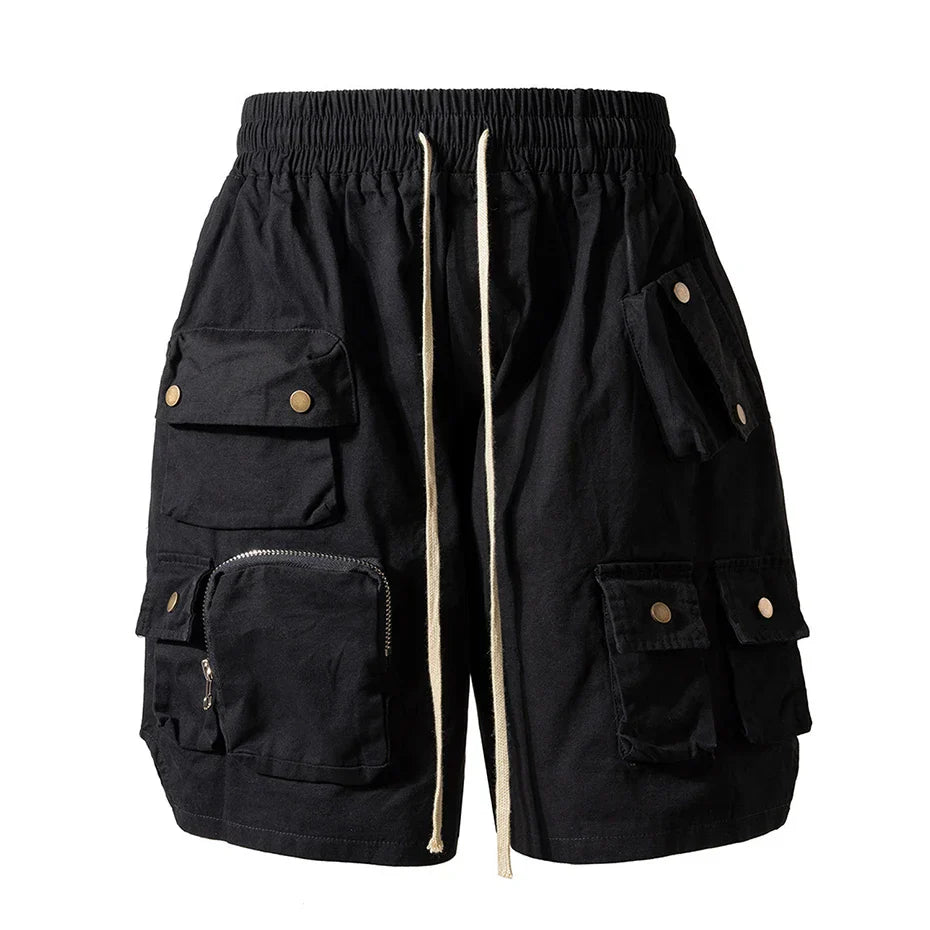 Black hip hop y2k streetwear cargo shorts with multiple pockets brass buttons and beige drawstring tactical fashion man