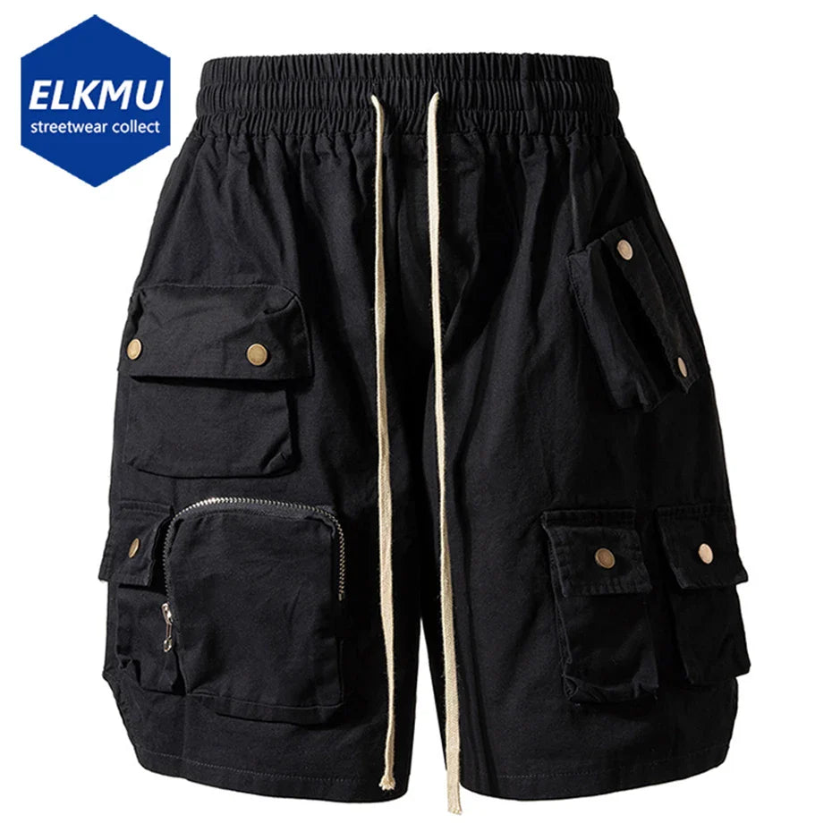 Black hip hop y2k streetwear cargo shorts with multiple pockets brass buttons and beige drawstring for casual summer wear
