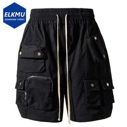 Black hip hop y2k streetwear cargo shorts with multiple pockets brass buttons and beige drawstring for casual summer wear