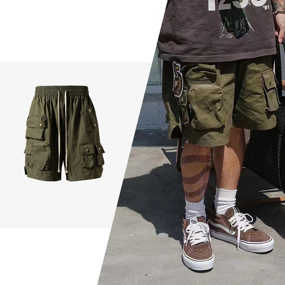 Olive green hip hop y2k streetwear cargo shorts with multiple pockets and drawstring waistband for casual summer wear