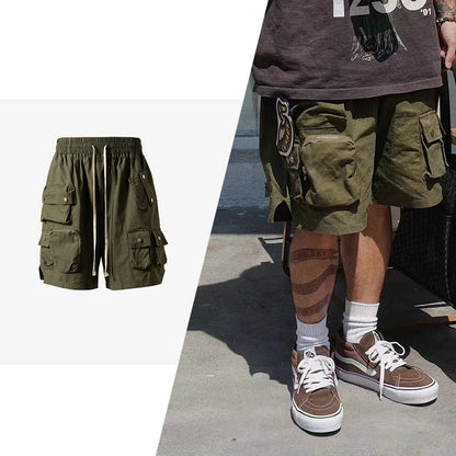 Olive green hip hop y2k streetwear cargo shorts with multiple pockets and drawstring waistband for casual summer wear