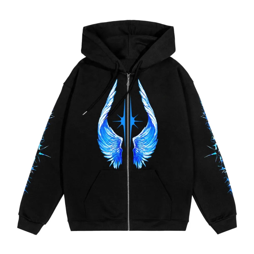 Black zip-up hoodie with vibrant blue wing and starburst graphics on front and sleeves for hip hop streetwear