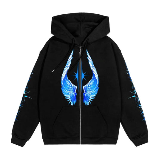 Black zip-up hoodie with vibrant blue wing and starburst graphics on front and sleeves for hip hop streetwear