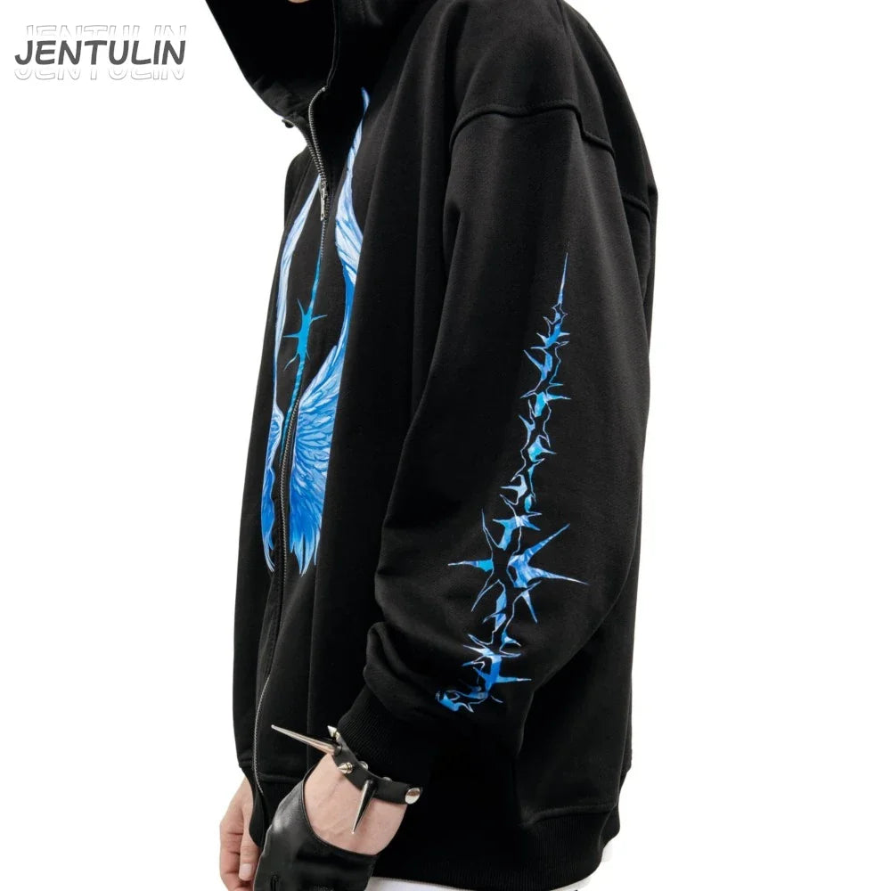Black jentulin zip-up hoodie with bold blue wing and thorn graphics for hip hop streetwear winter wear