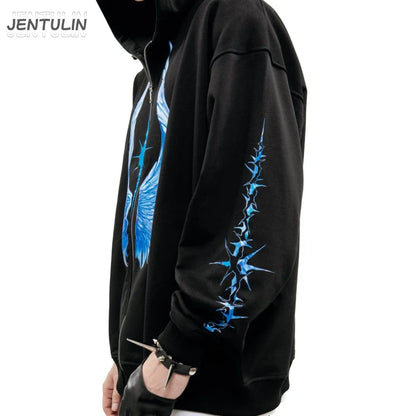 Black jentulin zip-up hoodie with bold blue wing and thorn graphics for hip hop streetwear winter wear