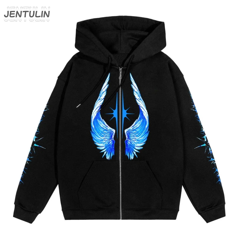 Black zip-up hoodie featuring vibrant blue wing and starburst graphics on front and arms for hip hop streetwear