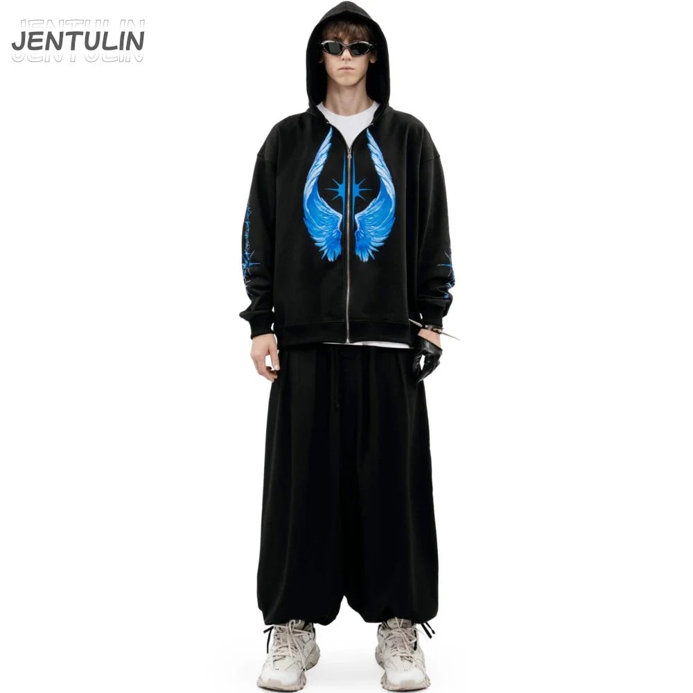 Black zip-up hip hop hoodie with vibrant blue wing graphic on front and sleeves, featuring hood and drawstrings for winter streetwear