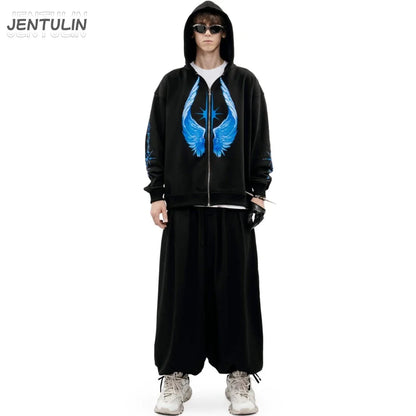 Black zip-up hip hop hoodie with vibrant blue wing graphic on front and sleeves, featuring hood and drawstrings for winter streetwear