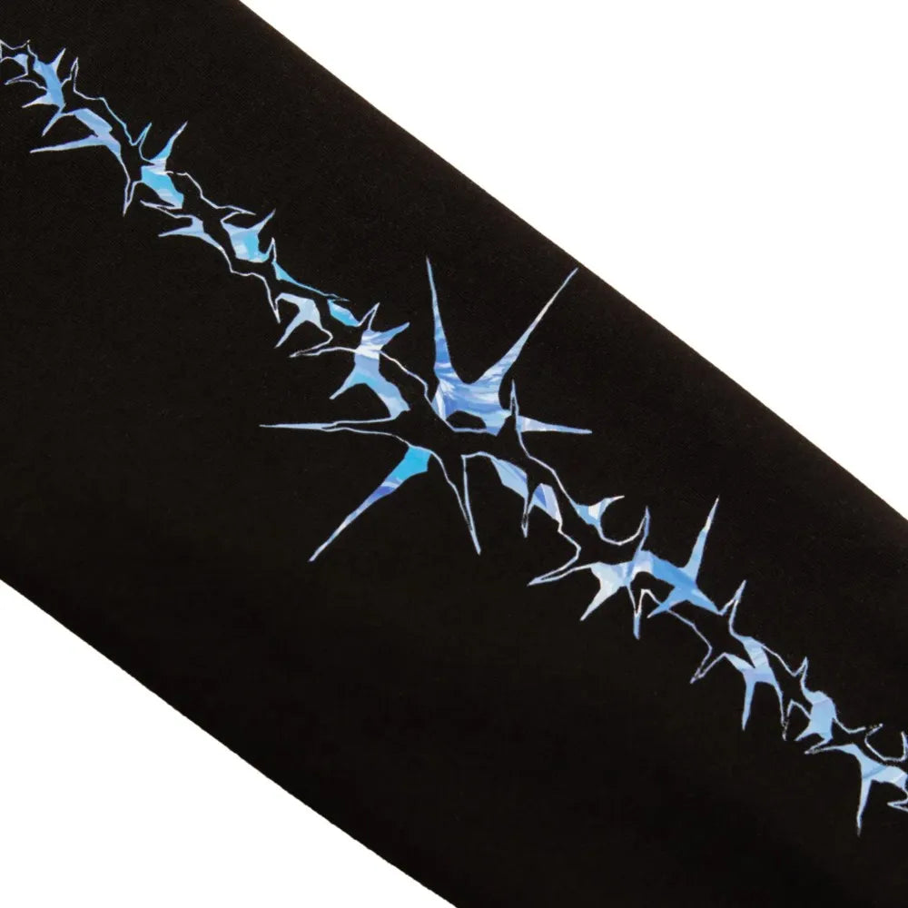 Black fabric sleeve of hip hop zipper men hoodie featuring a striking blue and white thorn pattern winter streetwear jacket