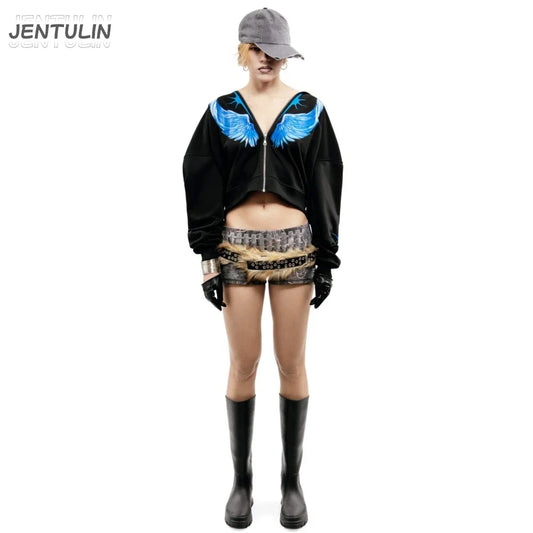 Black zip-up hoodie with vibrant blue wing embroidery across shoulders for winter streetwear and goth fashion