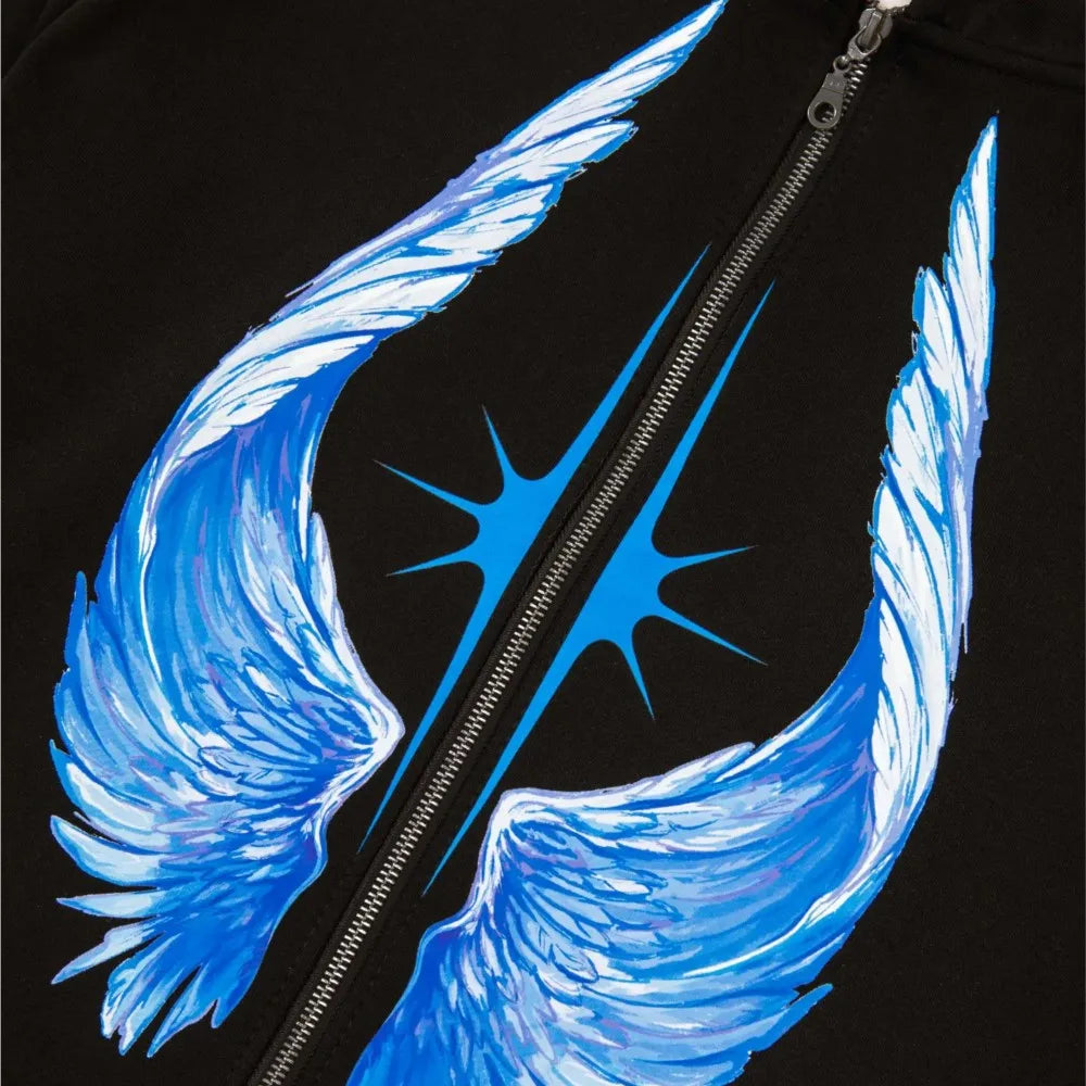 Black zip-up hoodie with vibrant blue wings and central starburst graphic in hip hop streetwear style