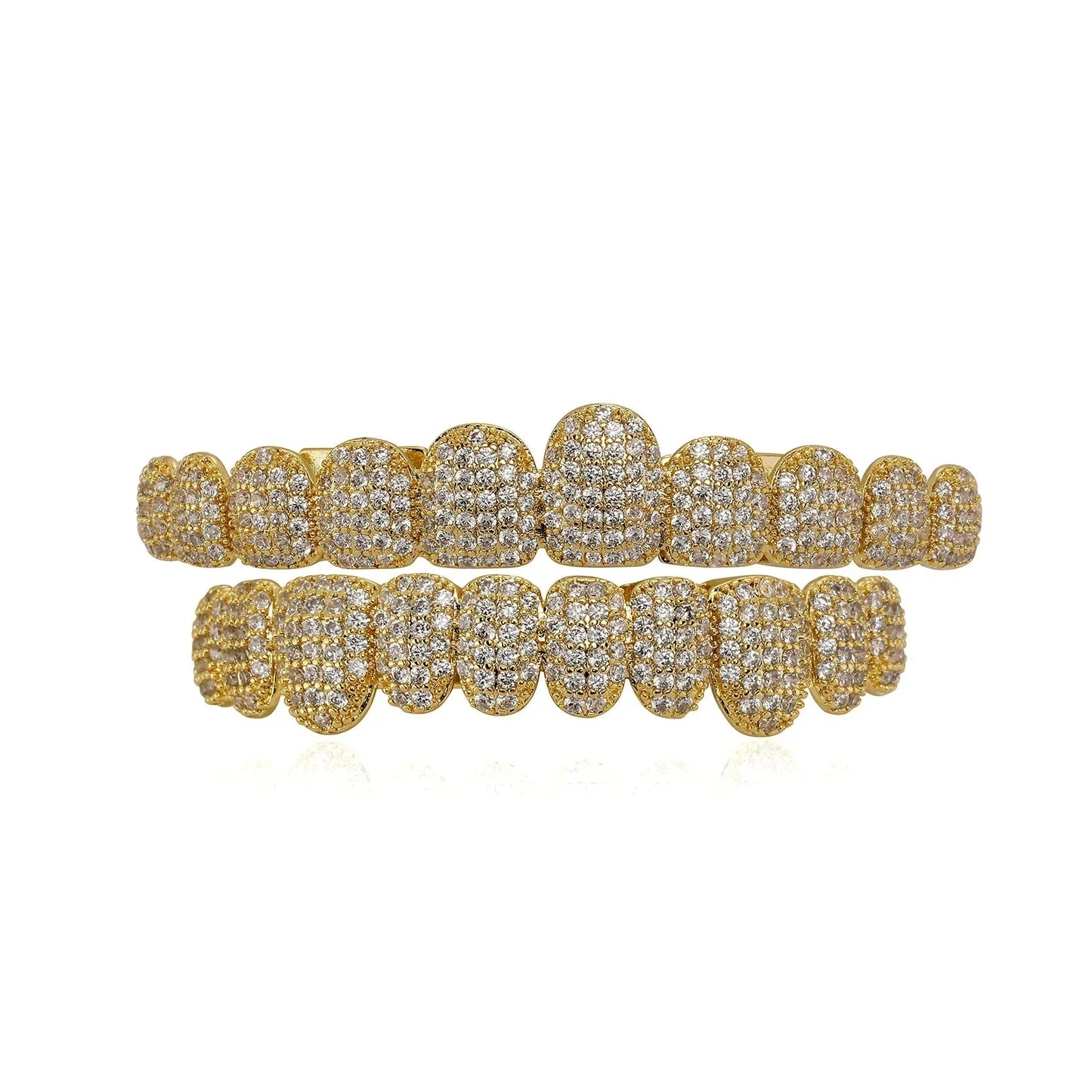 Gold-colored rapper 14k gold plated stones teeth grillz with zircon tooth caps featuring diamond-encrusted design