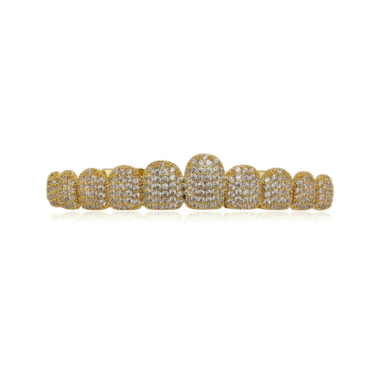 Gold plated rapper 14k gold stones teeth grillz with dense pavé 5a clear cubic zircon tooth caps for mouth jewelry