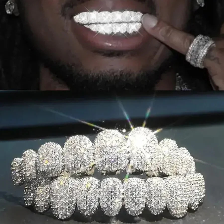 A set of rapper 14k gold plated zircon tooth caps with sparkling stones teeth grillz in classic bling style