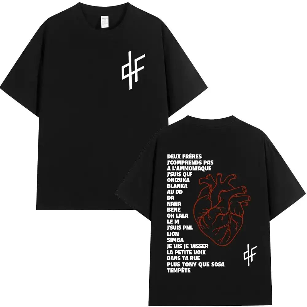 Black oversized cotton hip hop t shirt with white df logo and red anatomical heart featuring pnl le monde chico alubm graphics