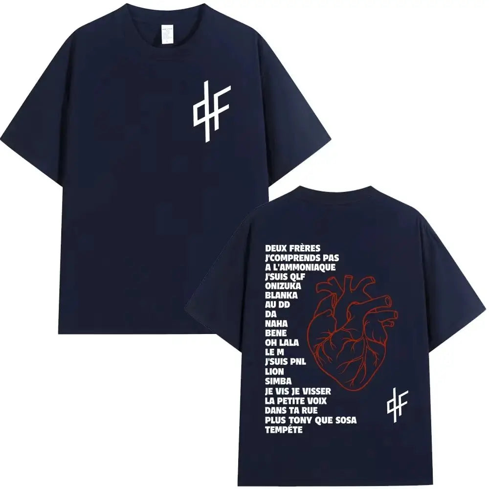 Navy blue oversized cotton t-shirt with white red heart graphic and pnl le monde chico alubm graphics print