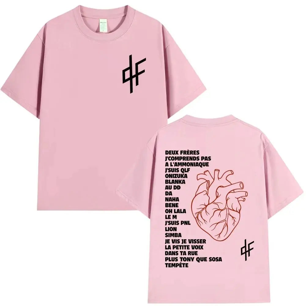 Pink cotton hip hop t-shirt with black df logo front and anatomical heart and french lyrics back pnl le monde chico alubm graphics
