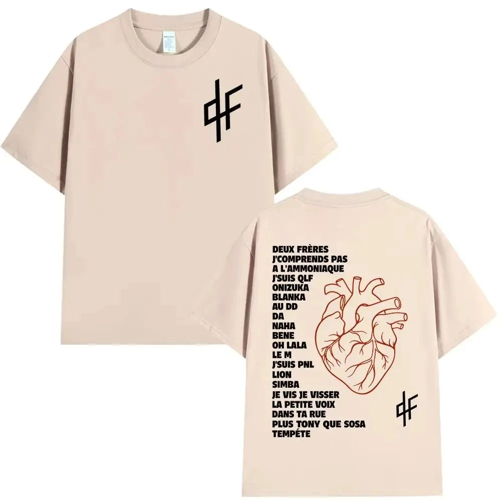 Beige cotton short-sleeved t-shirt with black cf logo and red anatomical heart with french text for summer hip hop fans pnl le monde chico alubm graphics