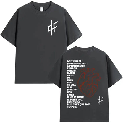 Black oversized cotton hip hop t shirt with white df logo front and red heart with french lyrics on back summer hip hop pnl le monde chico alubm graphics