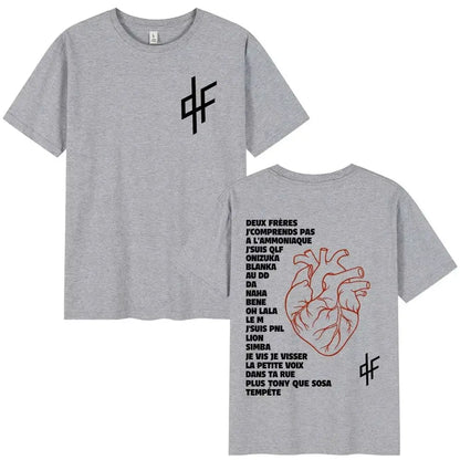 Gray heathered cotton hip hop t shirt with black df logo front and red anatomical heart french lyrics back print summer hip hop pnl le monde chico alubm graphics