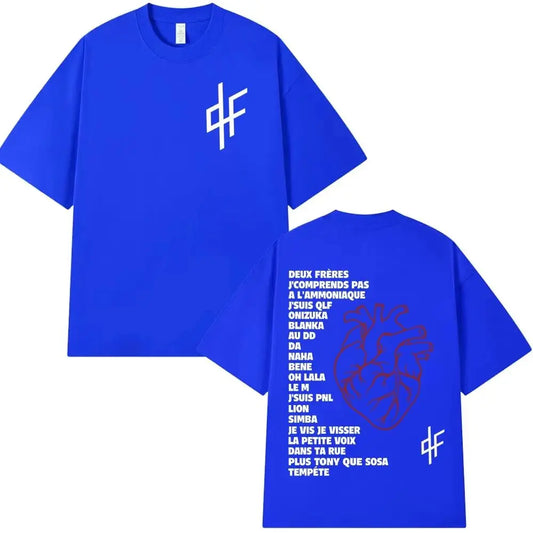 Blue oversized hip hop t shirt with white df logo and french lyrics print in graphics print cotton pnl le monde chico alubm