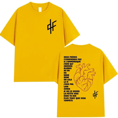 Bright yellow oversized cotton hip hop t-shirt with pnl le monde chico alubm graphics and df logo on the chest