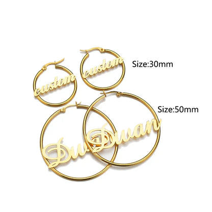 Gold-colored stainless steel custom jewelry personalized large date round circle oorbellen hoop earrings with engraved names