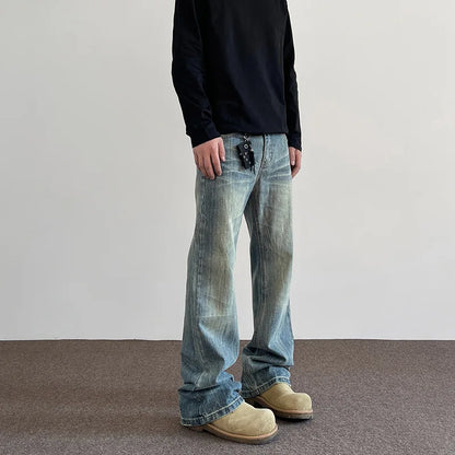 Light-wash denim hiphop bootcut jeans with relaxed straight-leg cut and frayed cuffs high street lightning classic high quality
