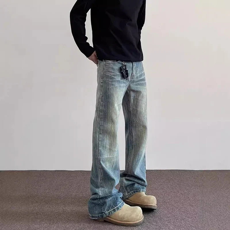 Light-wash denim hiphop bootcut jeans with relaxed straight leg and subtle fading in classic high quality design