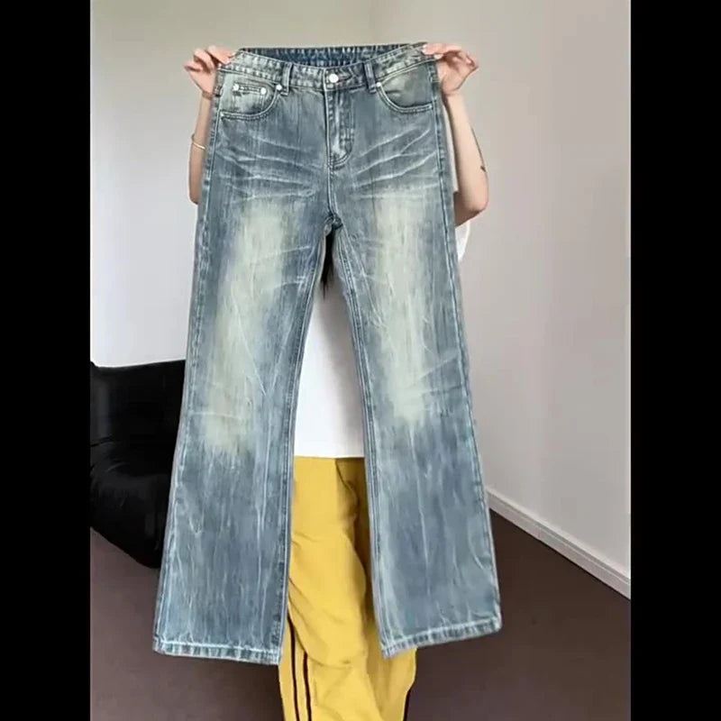 Light-wash denim hiphop bootcut jeans with wide-leg faded design featuring high street lightning for classic high quality look
