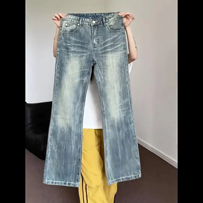Light-wash denim hiphop bootcut jeans with wide-leg faded design featuring high street lightning for classic high quality look
