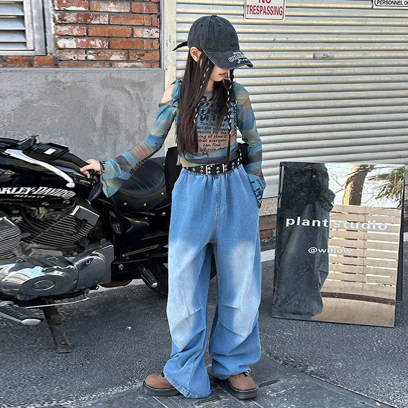 Wide-leg denim pants with faded blue wash and subtle distressing for style girl y2k hiphop fashion style performance costume stage