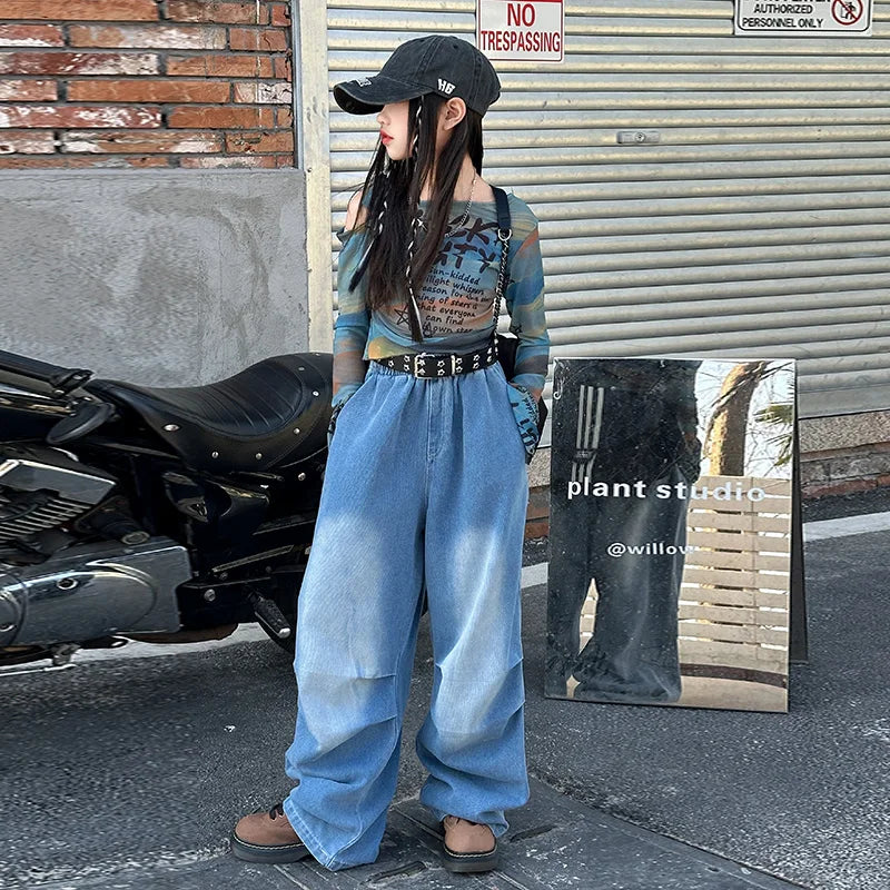 Wide-leg denim pants with faded blue wash and subtle distressing for style girl y2k hiphop fashion style performance costume stage