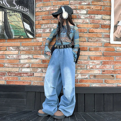Wide-leg light blue denim pants with relaxed fit and stitching details for hiphop fashion style girl y2k performance costume stage