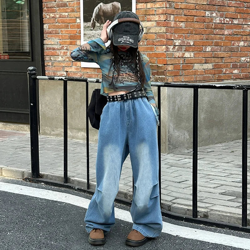 Wide-leg light blue denim jeans with high waist and stitching details for hiphop fashion style girl y2k performance costume stage