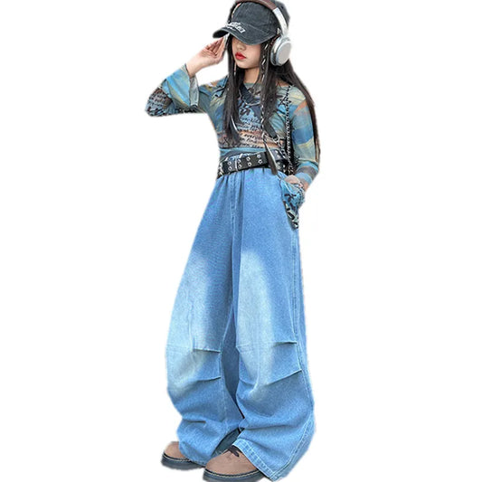 Light blue denim wide-leg pants with layered design and stitching details for hiphop fashion style girl y2k performance costume stage