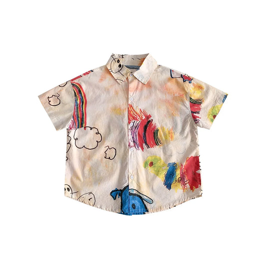 Off-white short-sleeved hiphop fashion style kids boy shirt with vibrant drawings for baby child hiphop dance clothes y2k
