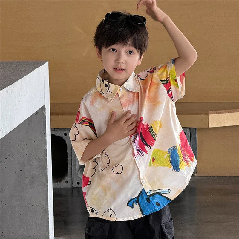 A child wearing a short-sleeved off-white hip hop shirt with colorful abstract print for kids streetwear