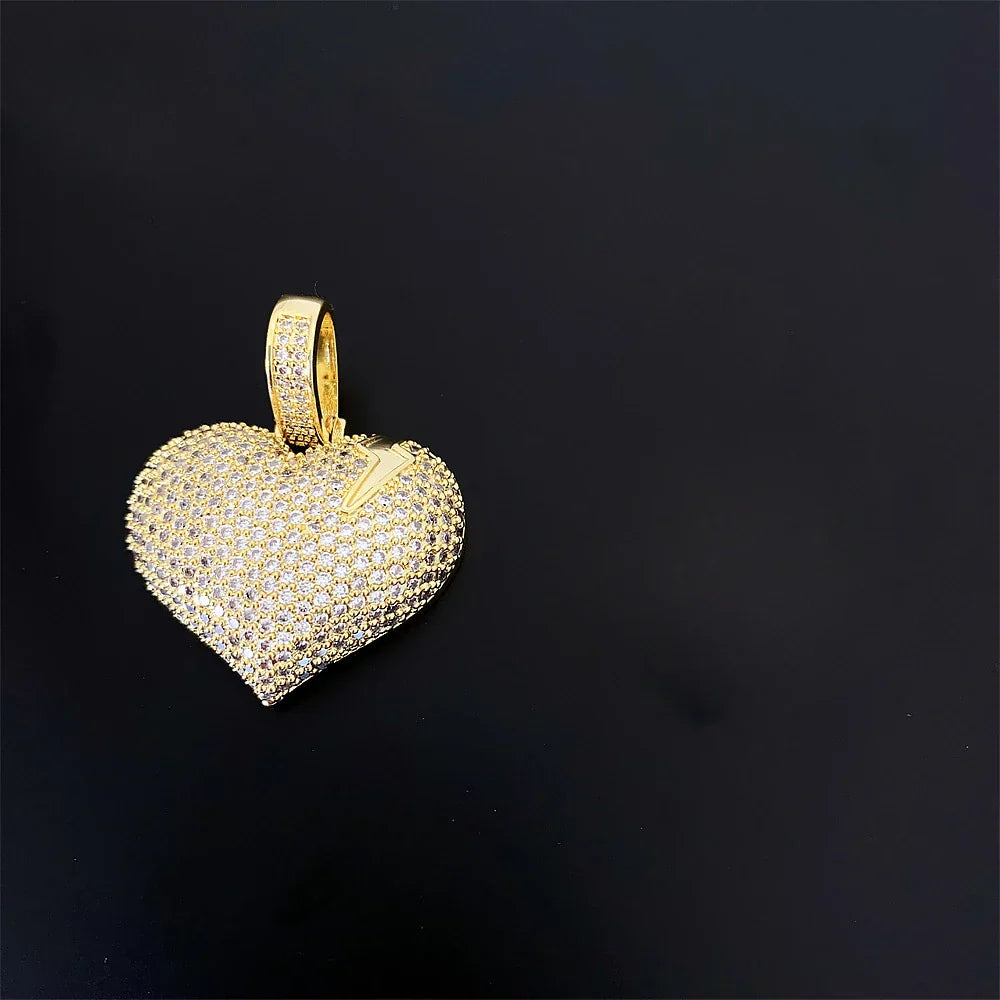 Gold heart-shaped zircon heart pendant 14k gold plated with dense cubic zirconia pavé hiphop iced bling jewelry