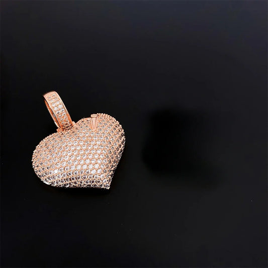 Rose gold heart pendant with pave-set clear crystals gold plated hiphop iced bling chain 24in cubic zirconia charm